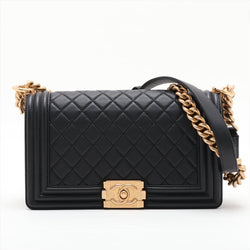 Second hand Chanel Boy Medium Calfskin Leather Double Stitch Quilted Shoulder Bag Black - Tabita Bags