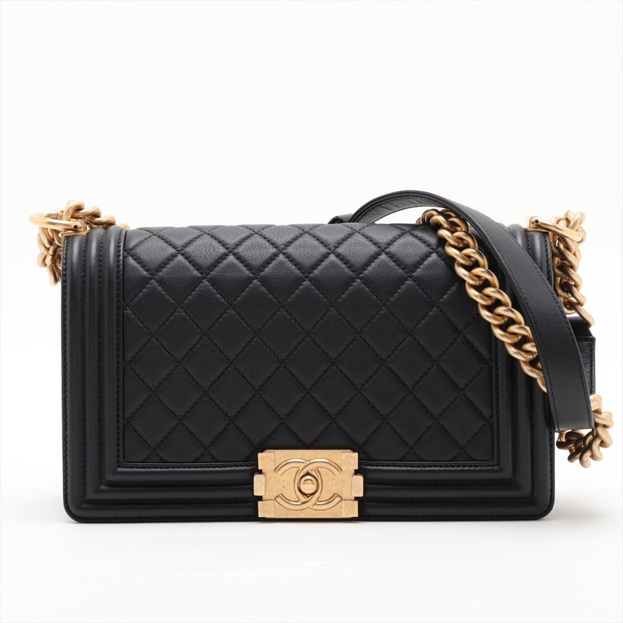 Second hand Chanel Boy Medium Calfskin Leather Double Stitch Quilted Shoulder Bag Black - Tabita Bags