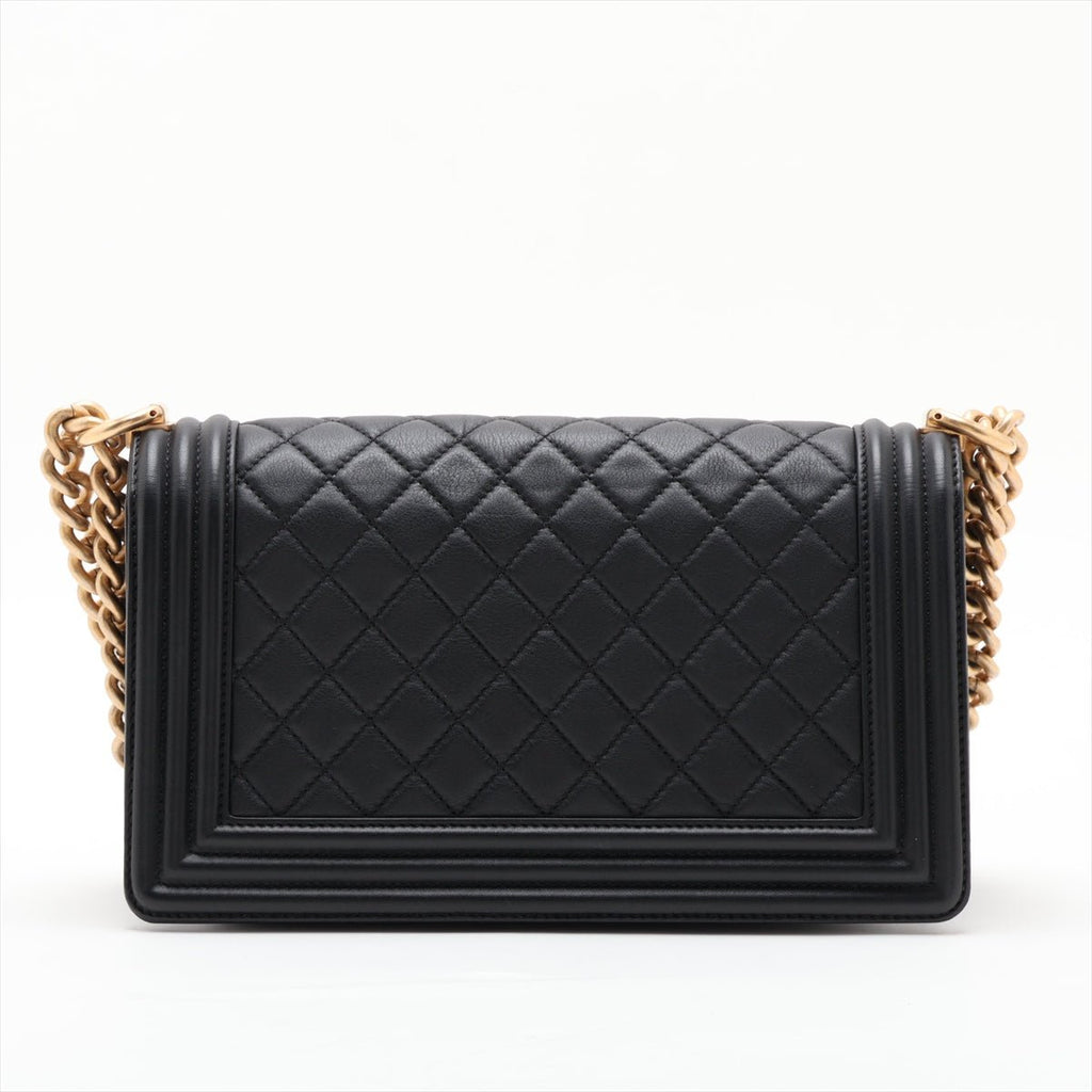 Second hand Chanel Boy Medium Calfskin Leather Double Stitch Quilted Shoulder Bag Black - Tabita Bags