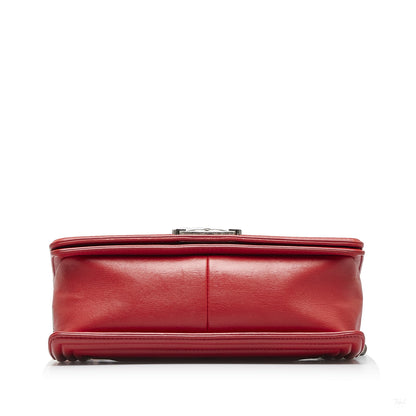 Second hand Chanel Boy Medium Calfskin Leather Double Stitch Quilted Shoulder Bag Red - Tabita Bags