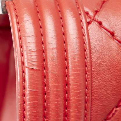 Second hand Chanel Boy Medium Calfskin Leather Double Stitch Quilted Shoulder Bag Red - Tabita Bags