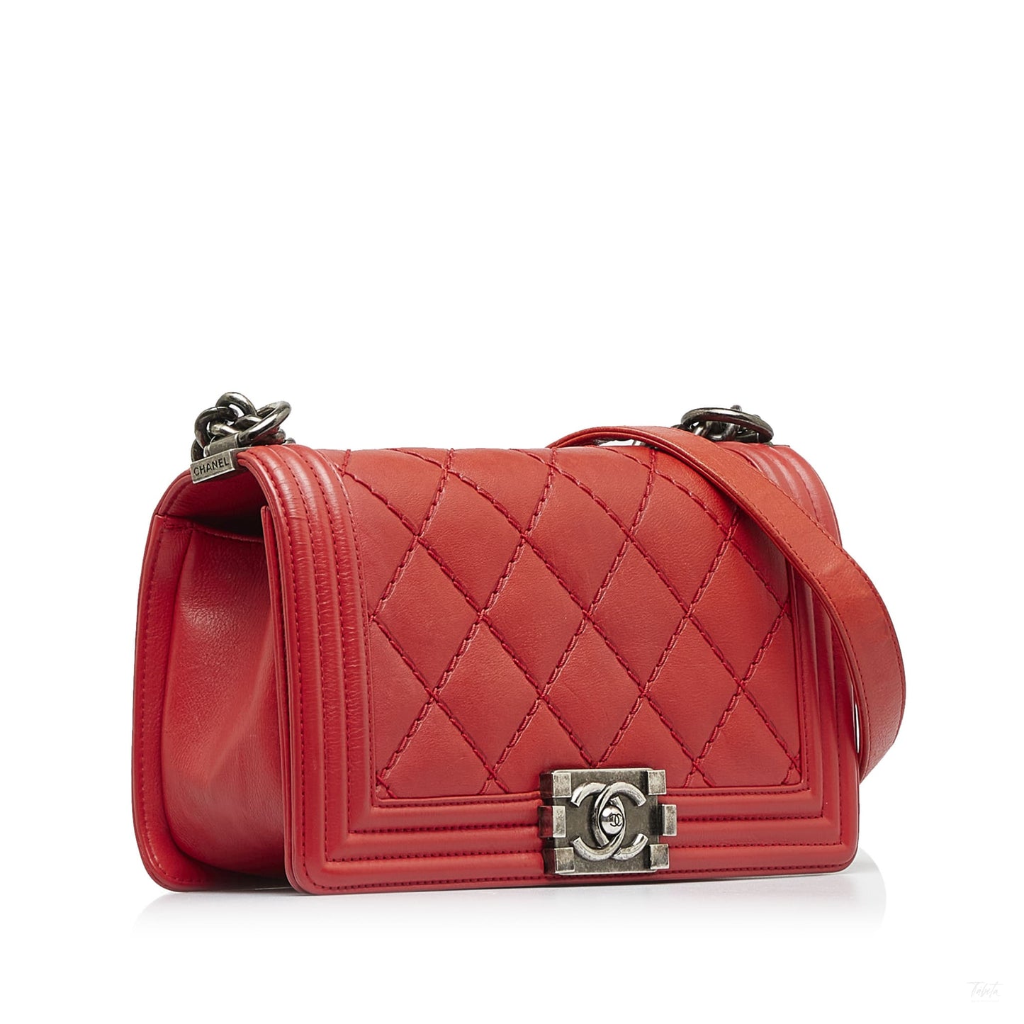Second hand Chanel Boy Medium Calfskin Leather Double Stitch Quilted Shoulder Bag Red - Tabita Bags