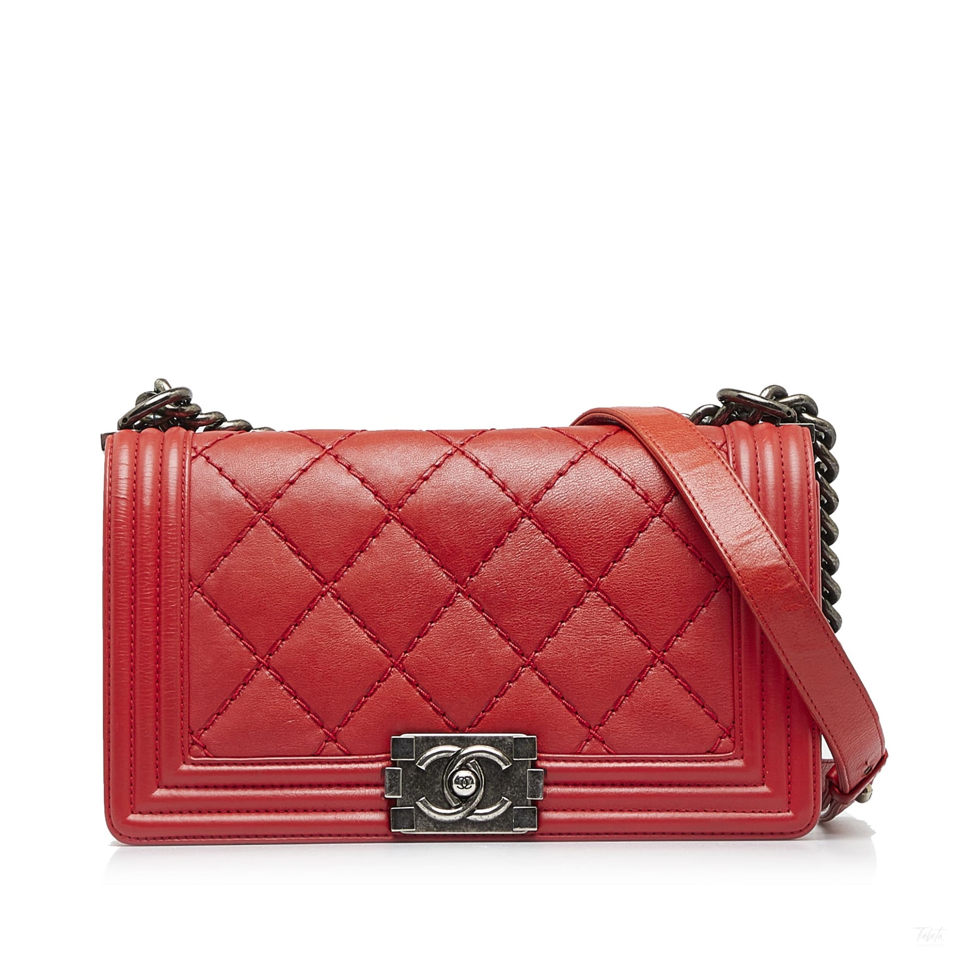 Second hand Chanel Boy Medium Calfskin Leather Double Stitch Quilted Shoulder Bag Red - Tabita Bags