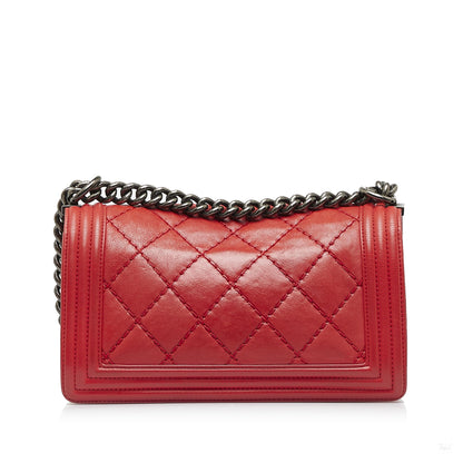 Second hand Chanel Boy Medium Calfskin Leather Double Stitch Quilted Shoulder Bag Red - Tabita Bags
