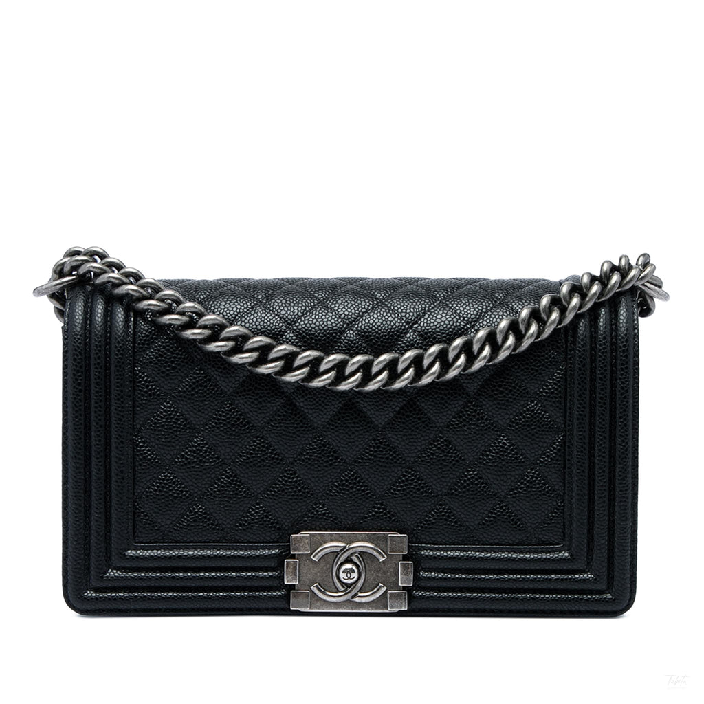 Second hand Chanel Boy Medium Caviar Leather Quilted Shoulder Bag Black - Tabita Bags