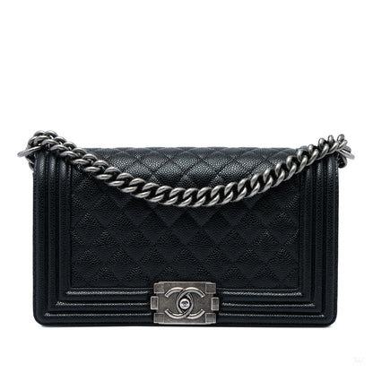 Second hand Chanel Boy Medium Caviar Leather Quilted Shoulder Bag Black - Tabita Bags