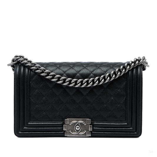 Second hand Chanel Boy Medium Caviar Leather Quilted Shoulder Bag Black - Tabita Bags