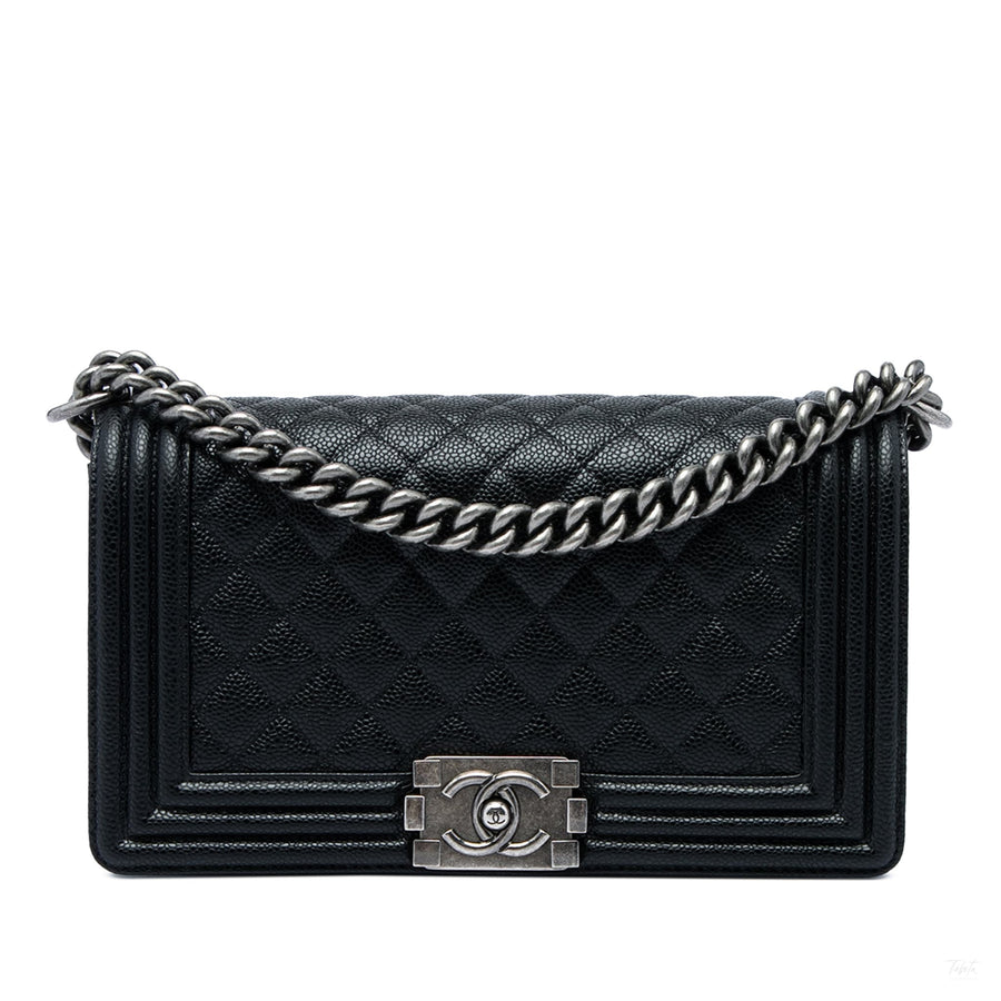 Second hand Chanel Boy Medium Caviar Leather Quilted Shoulder Bag Black - Tabita Bags