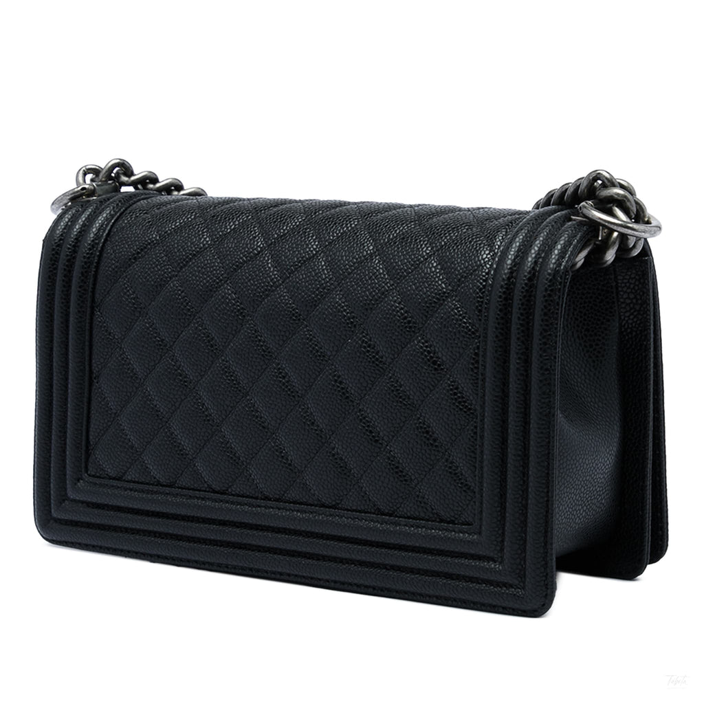Second hand Chanel Boy Medium Caviar Leather Quilted Shoulder Bag Black - Tabita Bags