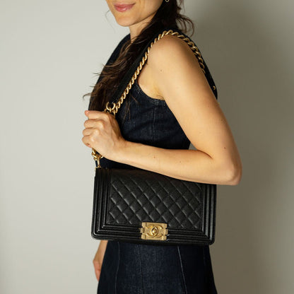 Second hand Chanel Boy Medium Caviar Leather Quilted Shoulder Bag Black - Tabita Bags