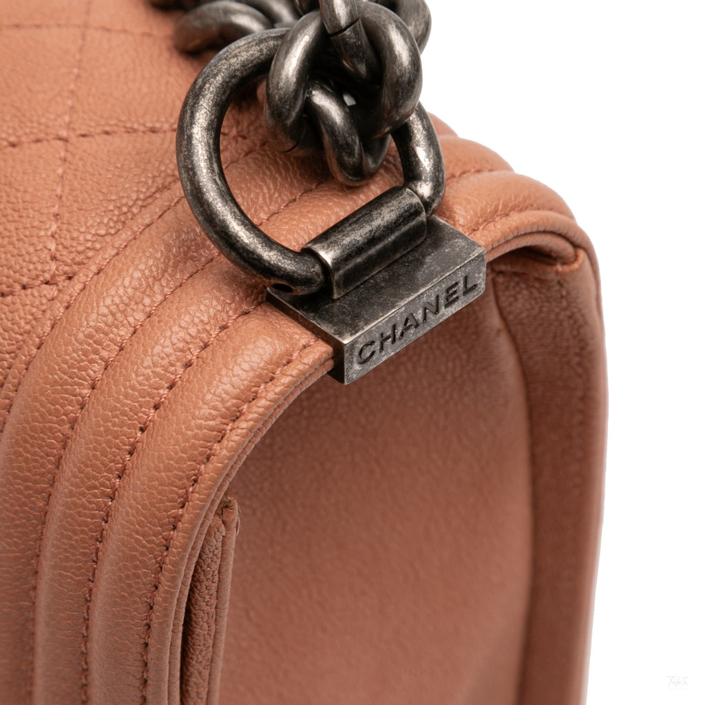 Second hand Chanel Boy Medium Caviar Leather Quilted Shoulder Bag Brown - Tabita Bags