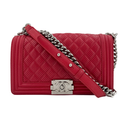 Second hand Chanel Boy Medium Perforated Lambskin Leather Flap Bag Raspberry - Tabita Bags