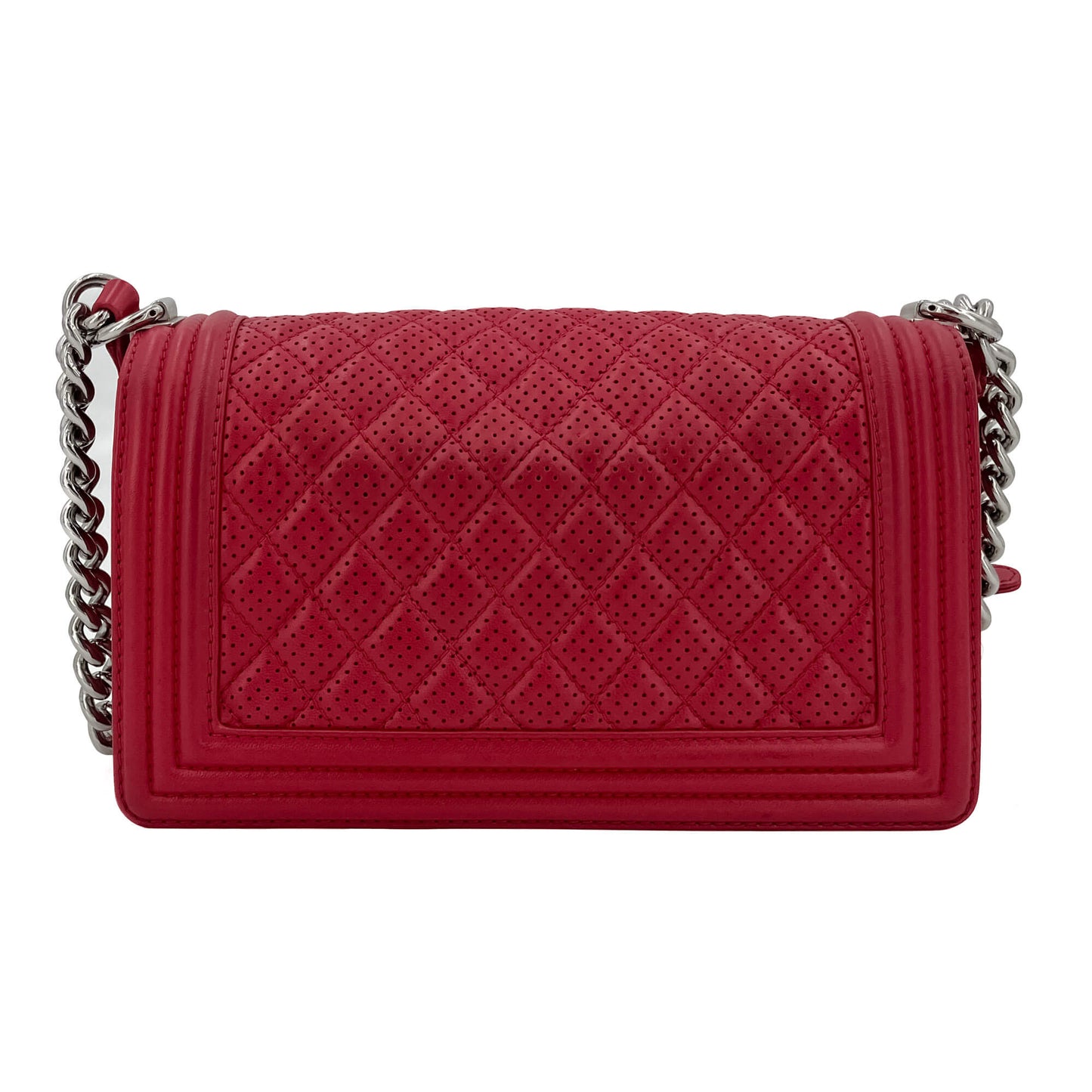 Second hand Chanel Boy Medium Perforated Lambskin Leather Flap Bag Raspberry - Tabita Bags