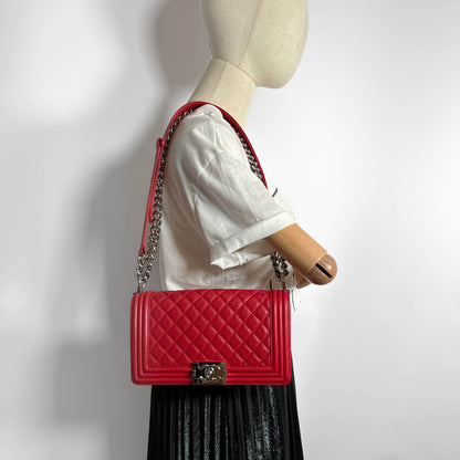 Second hand Chanel Boy Medium Perforated Lambskin Leather Flap Bag Raspberry - Tabita Bags