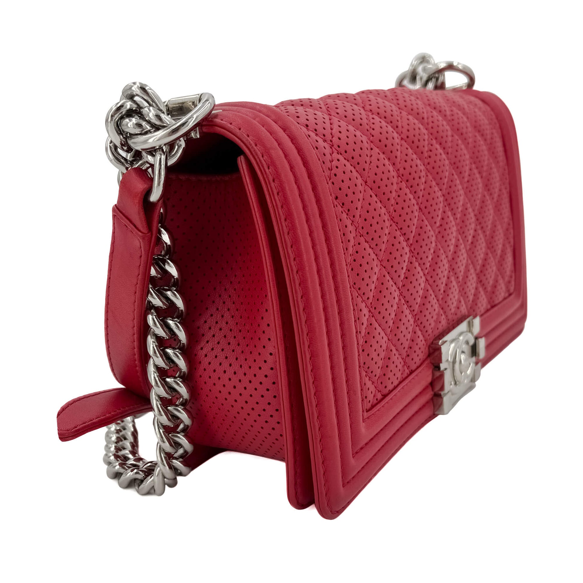 Second hand Chanel Boy Medium Perforated Lambskin Leather Flap Bag Raspberry - Tabita Bags