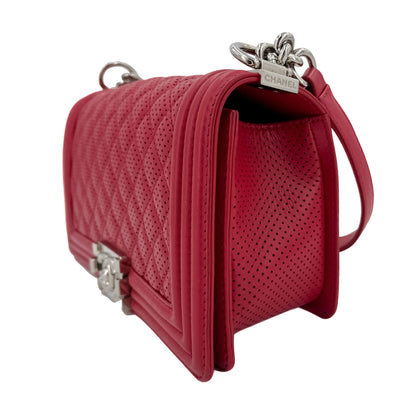 Second hand Chanel Boy Medium Perforated Lambskin Leather Flap Bag Raspberry - Tabita Bags