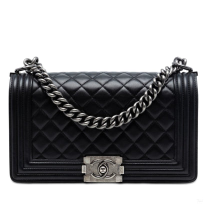 Second hand Chanel Boy Medium Quilted Lambskin Leather Bag Black - Tabita Bags