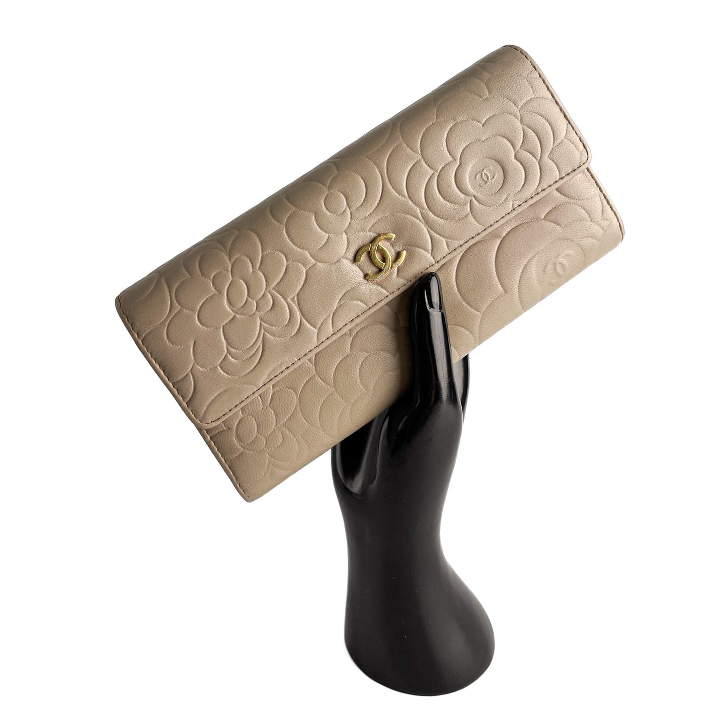 Second hand Chanel Camellia Lambskin Leather Embossed Long Flap Wallet Grey - Tabita Bags