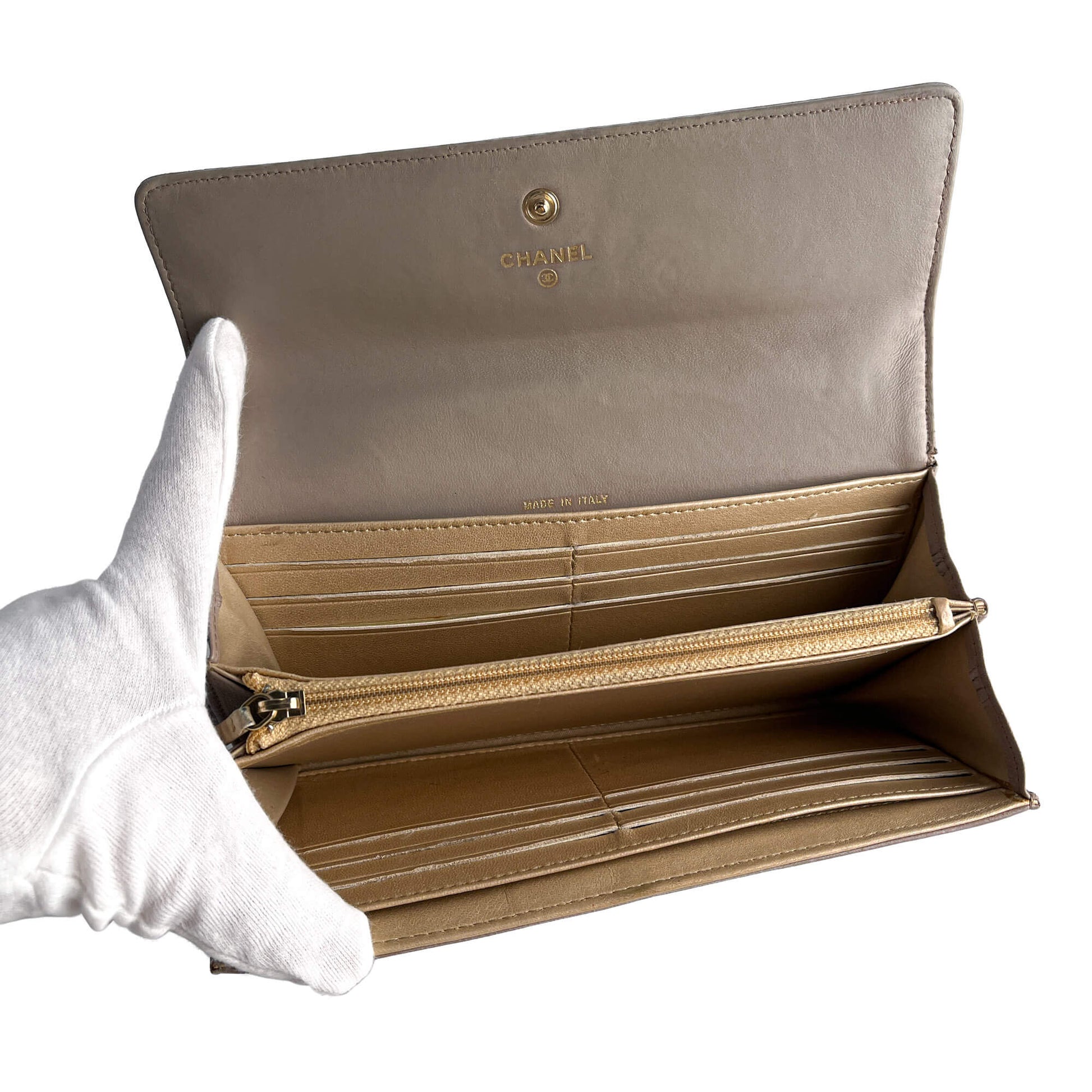 Second hand Chanel Camellia Lambskin Leather Embossed Long Flap Wallet Grey - Tabita Bags