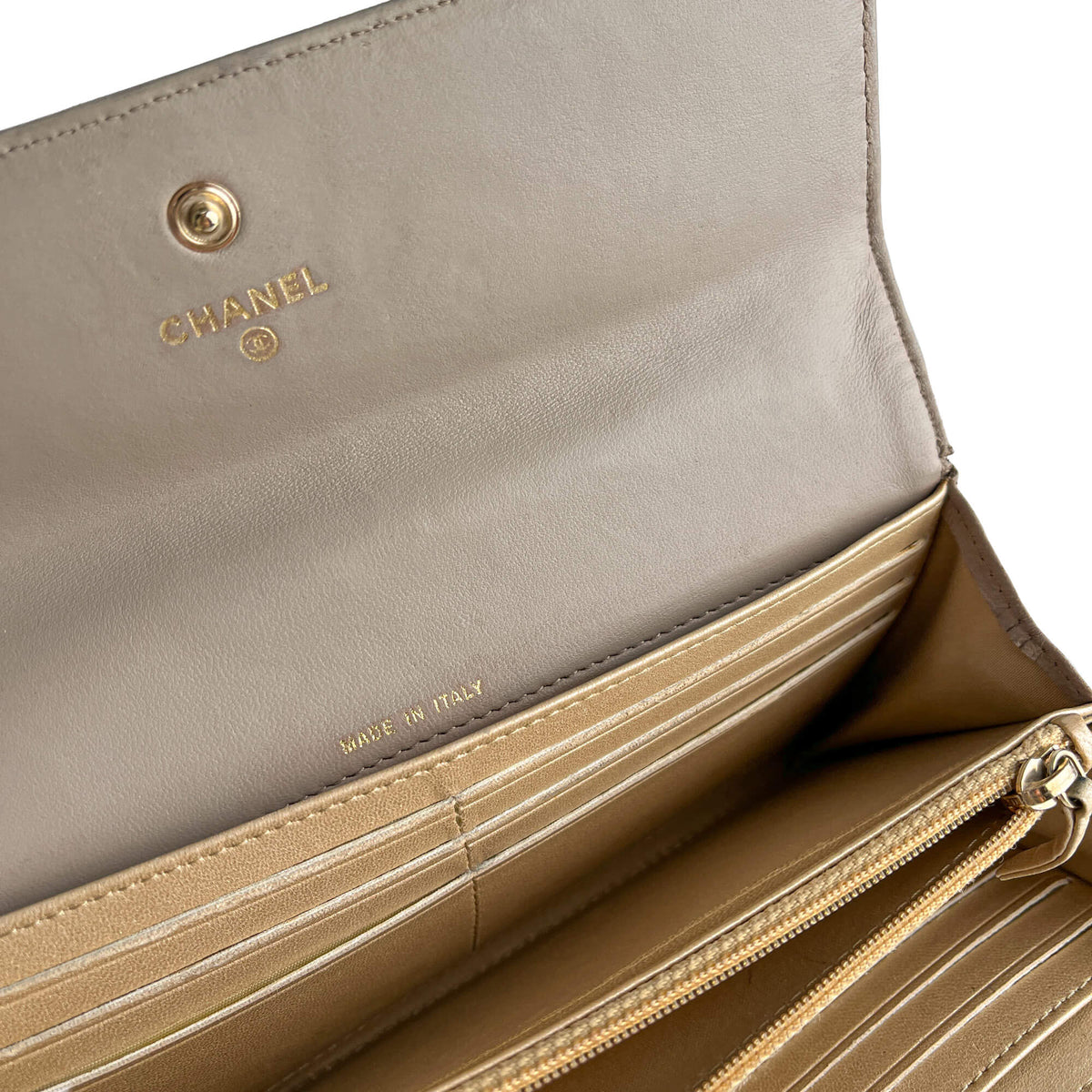 Second hand Chanel Camellia Lambskin Leather Embossed Long Flap Wallet Grey - Tabita Bags