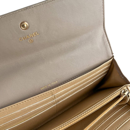 Second hand Chanel Camellia Lambskin Leather Embossed Long Flap Wallet Grey - Tabita Bags