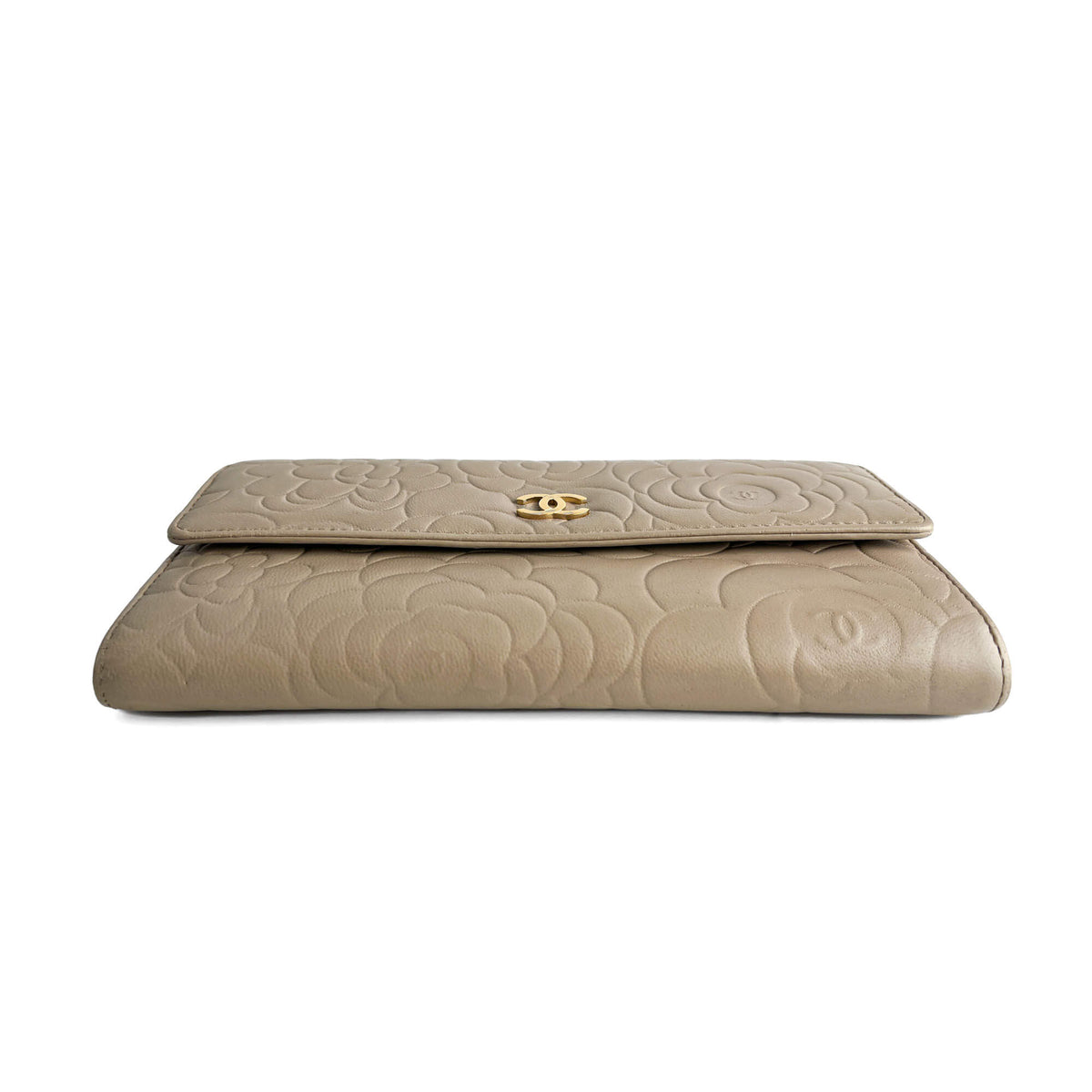 Second hand Chanel Camellia Lambskin Leather Embossed Long Flap Wallet Grey - Tabita Bags