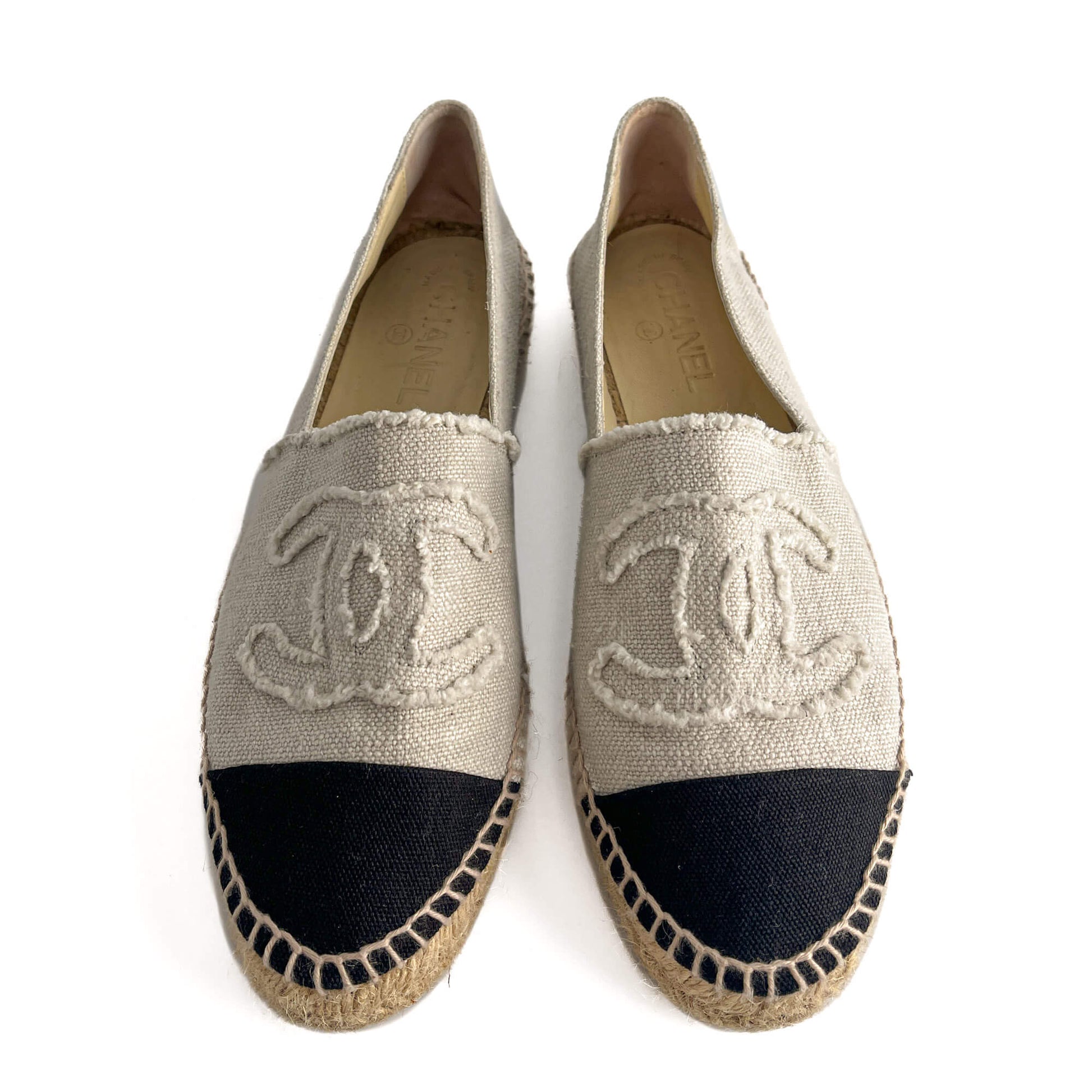 Second hand Chanel Cap - Toe Flap Cotton Flat Espadrille 40 Black & White - Tabita Bags