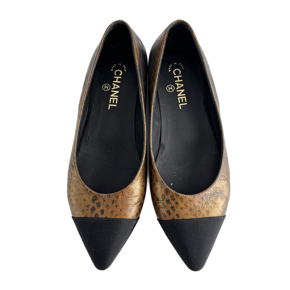 Second hand Chanel Cap - Toe Leather Printed Ballet Flats 40C Metallic Snake - Tabita Bags