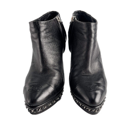 Second hand Chanel CC 110 Leather Chain Embellished Platform Ankle Boots 38.5 Black - Tabita Bags