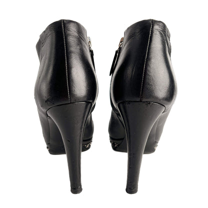 Second hand Chanel CC 110 Leather Chain Embellished Platform Ankle Boots 38.5 Black - Tabita Bags