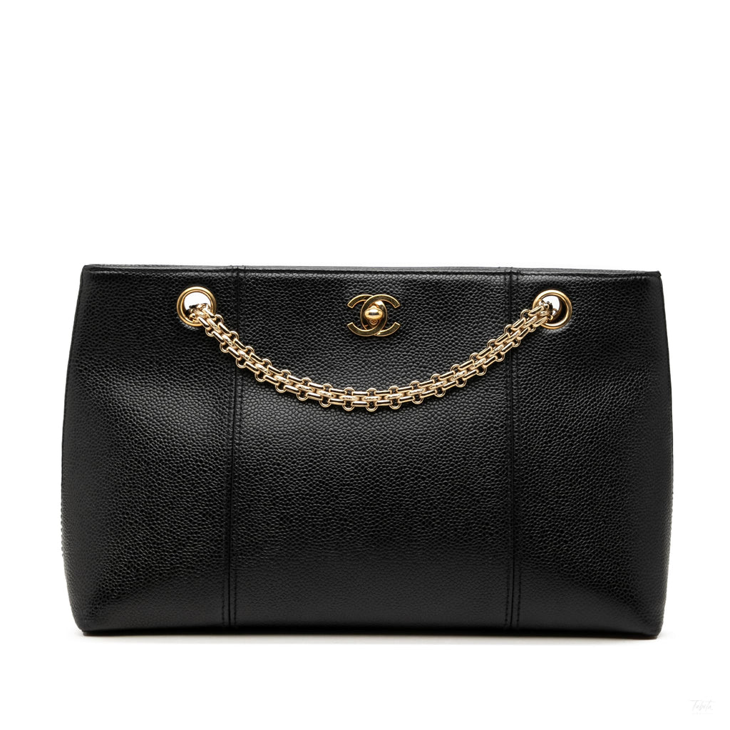 Second hand Chanel CC Caviar Leather Chain Tote Shoulder Bag Black - Tabita Bags