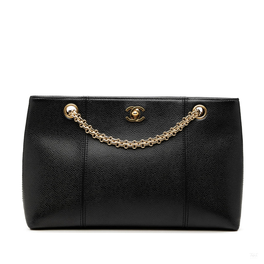 Second hand Chanel CC Caviar Leather Chain Tote Shoulder Bag Black - Tabita Bags