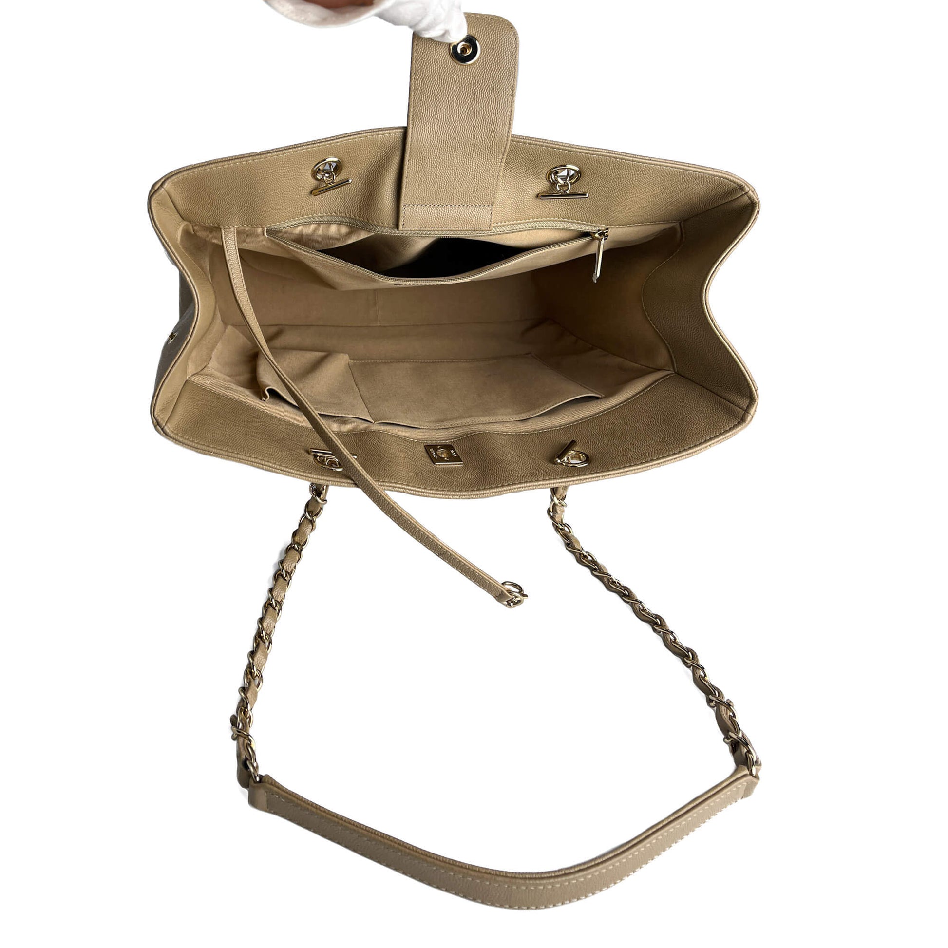 Second hand Chanel CC Caviar Leather Matelassè Tote Shoulder Bag Beige - Tabita Bags