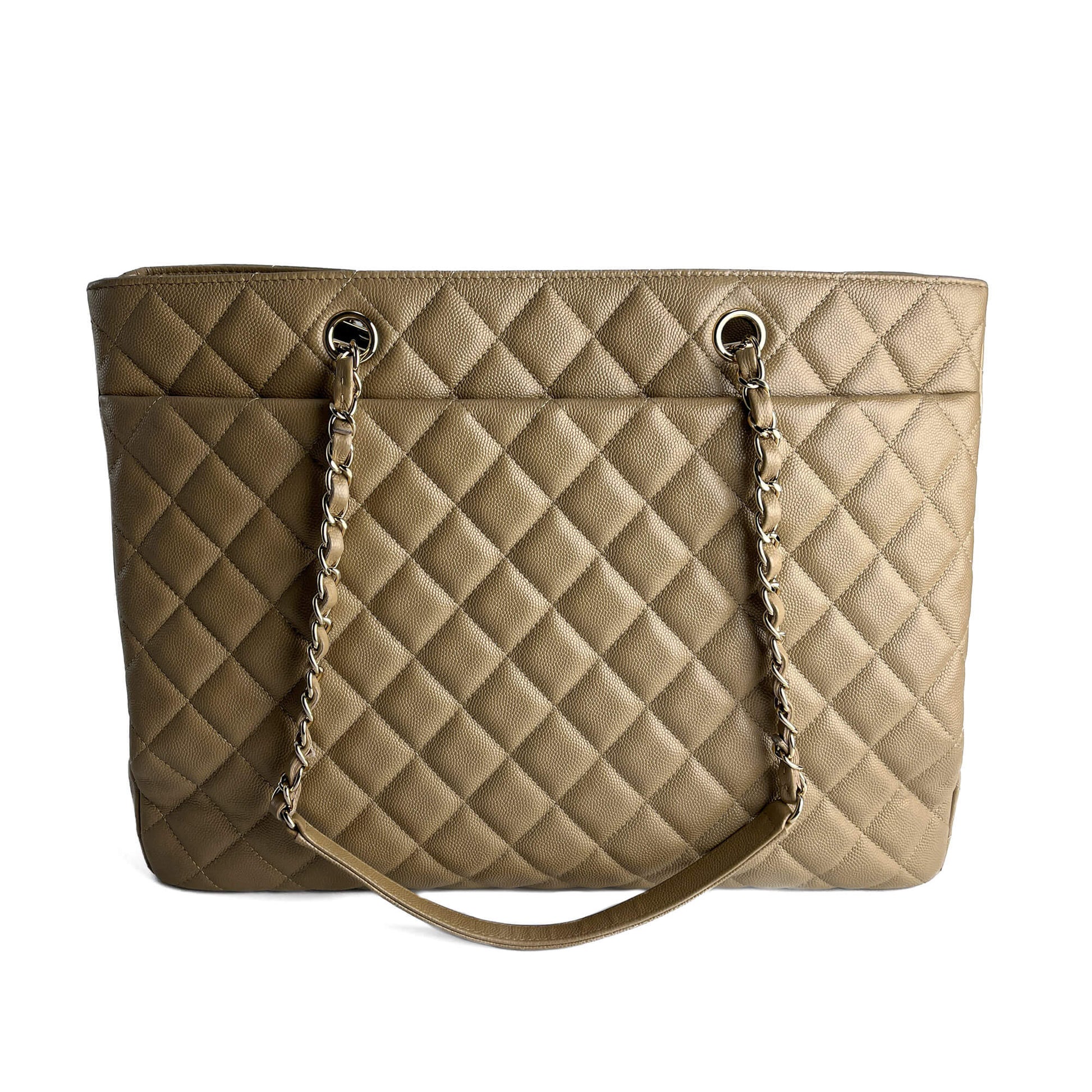 Second hand Chanel CC Caviar Leather Matelassè Tote Shoulder Bag Beige - Tabita Bags