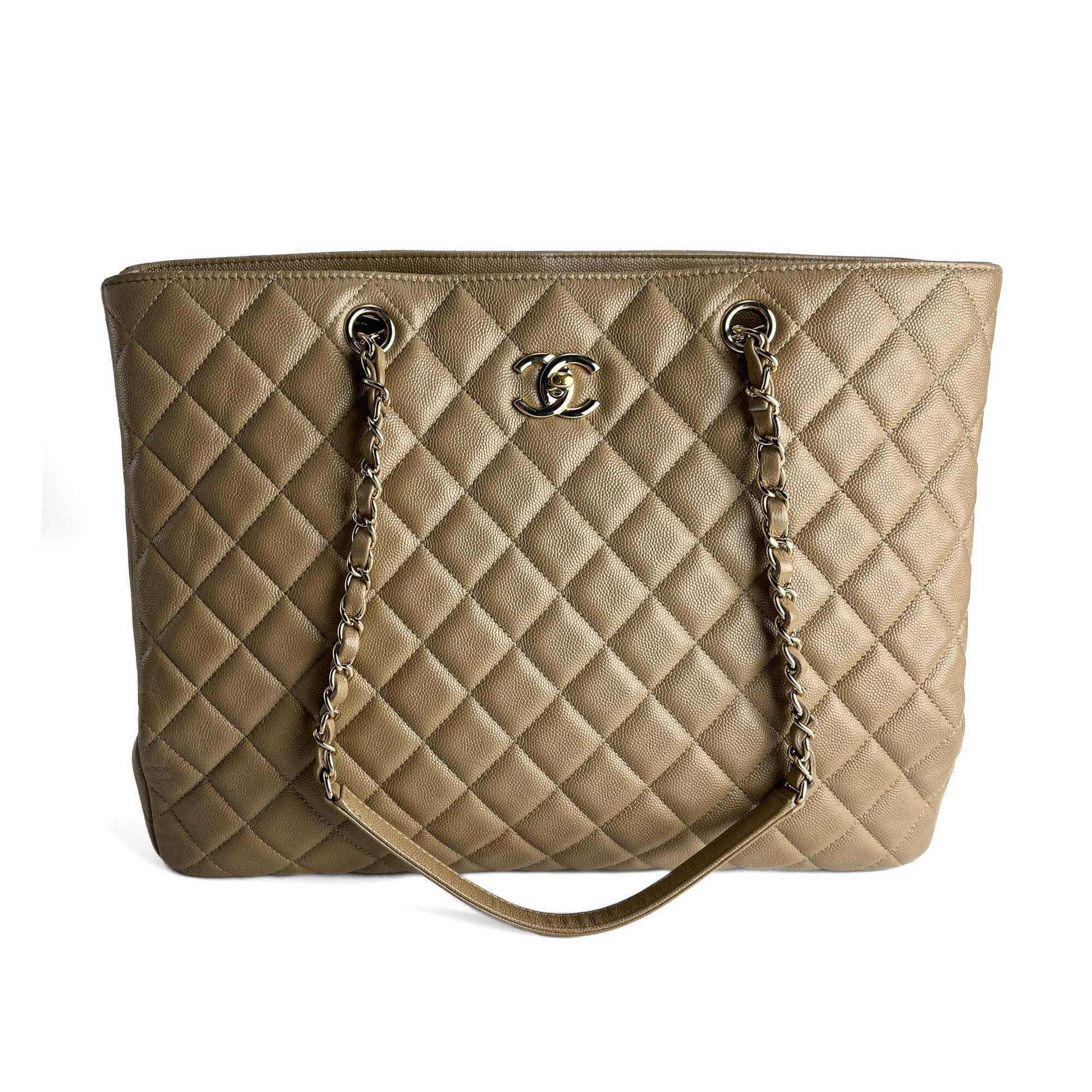 Second hand Chanel CC Caviar Leather Matelassè Tote Shoulder Bag Beige - Tabita Bags