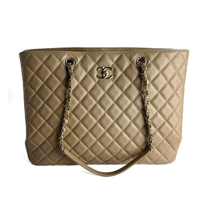 Second hand Chanel CC Caviar Leather Matelassè Tote Shoulder Bag Beige - Tabita Bags
