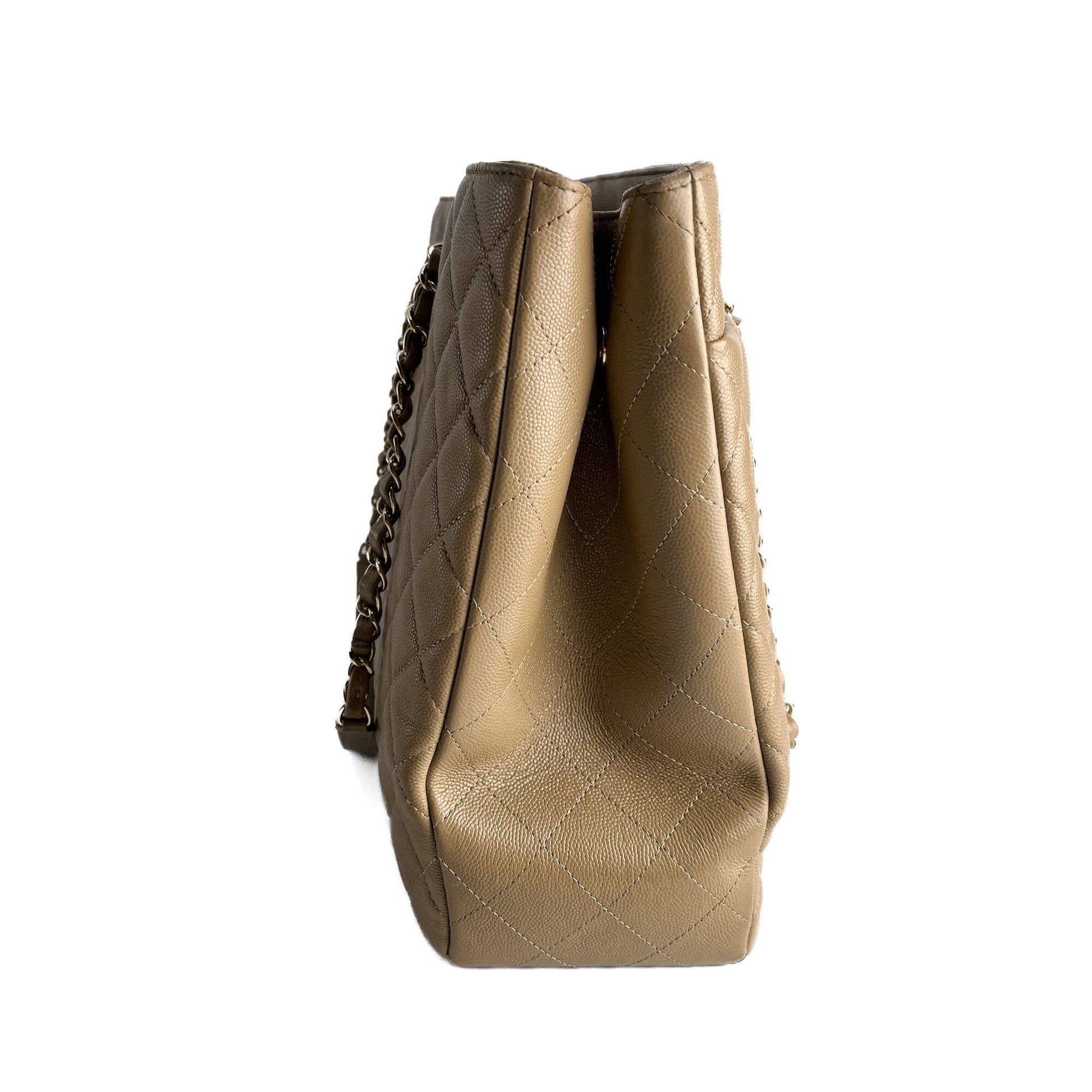 Second hand Chanel CC Caviar Leather Matelassè Tote Shoulder Bag Beige - Tabita Bags