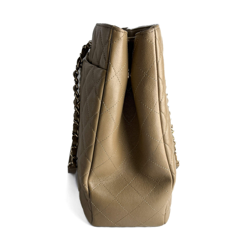 Second hand Chanel CC Caviar Leather Matelassè Tote Shoulder Bag Beige - Tabita Bags