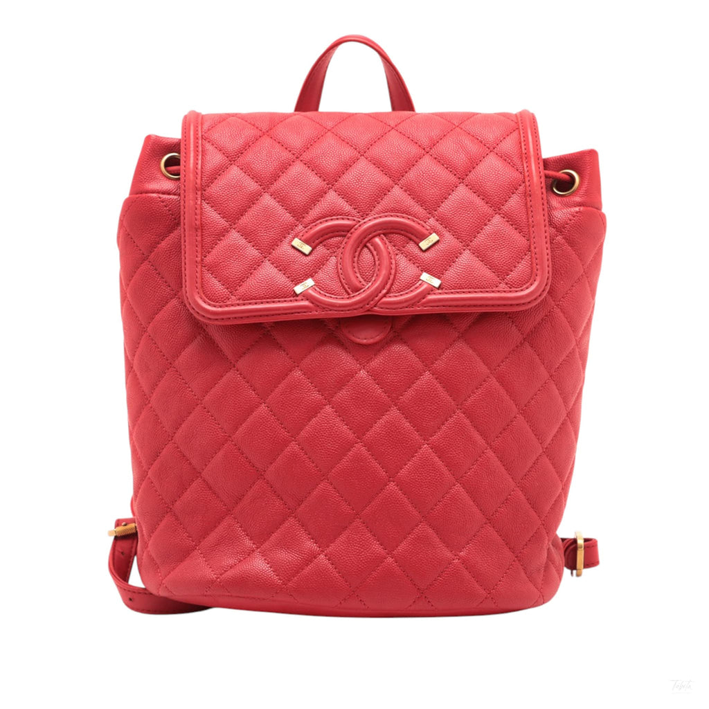 Second hand Chanel CC Filigree Caviar Leather Quilted Backpack Red - Tabita Bags