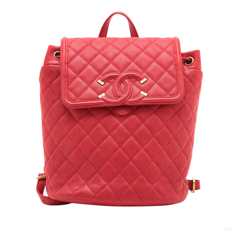 Second hand Chanel CC Filigree Caviar Leather Quilted Backpack Red - Tabita Bags