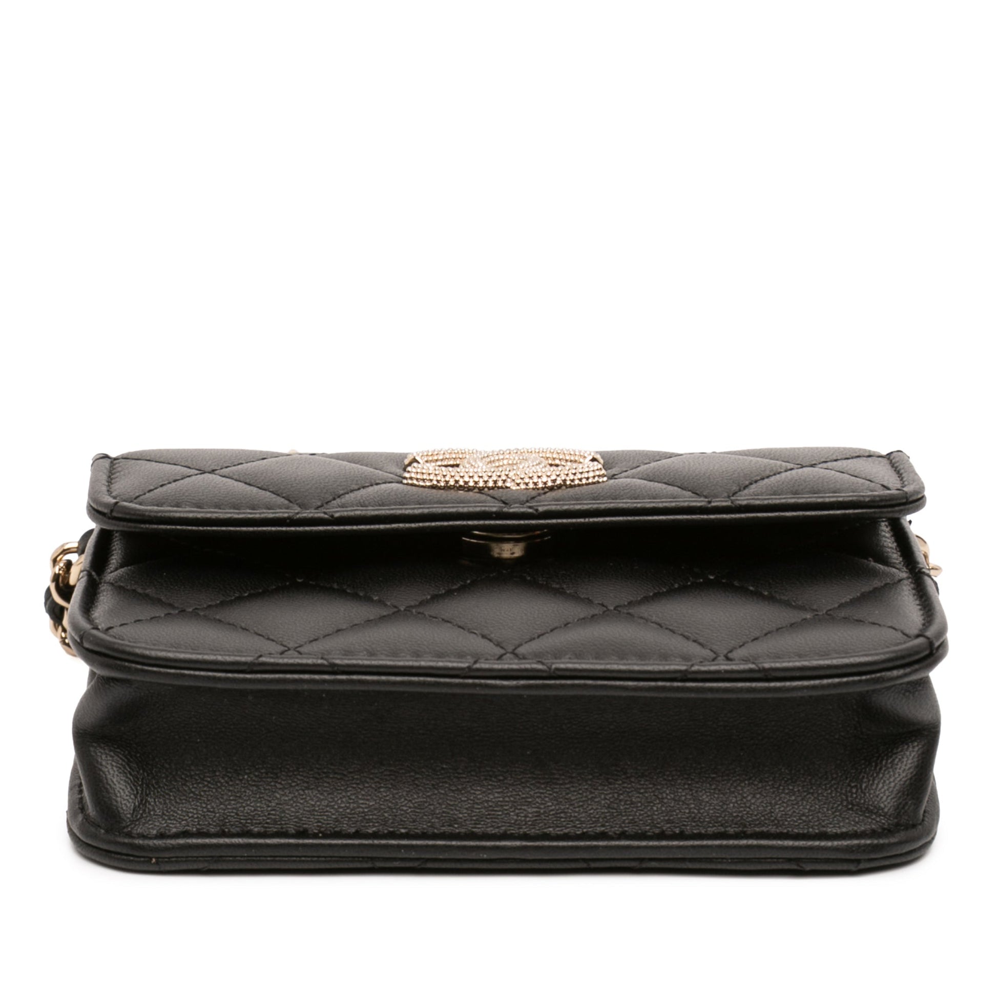 Second hand Chanel CC Lambskin Leather Strass Quilted Clutch With Chain Bag Black - Tabita Bags