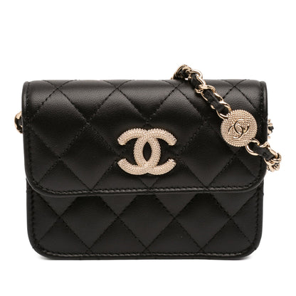 Second hand Chanel CC Lambskin Leather Strass Quilted Clutch With Chain Bag Black - Tabita Bags