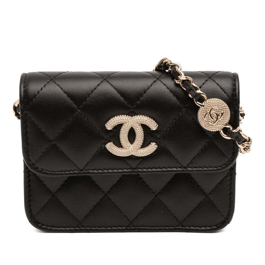 Second hand Chanel CC Lambskin Leather Strass Quilted Clutch With Chain Bag Black - Tabita Bags