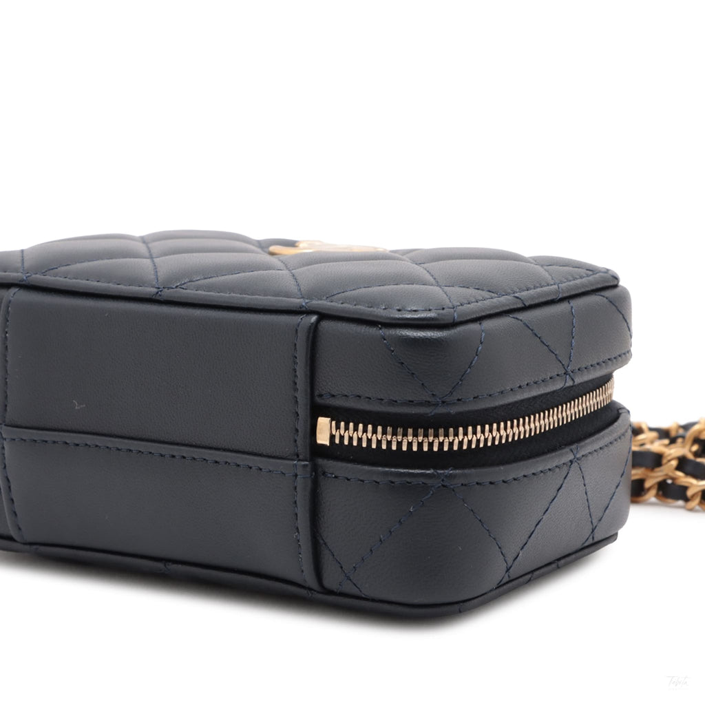 Second hand Chanel CC Mini Lambskin Leather Quilted Chain Top Handle Vanity Case Handbag Blue - Tabita Bags