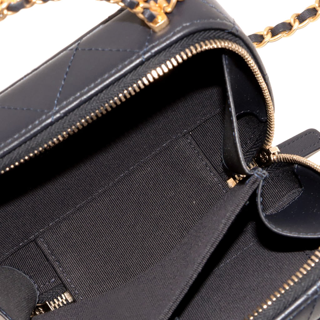 Second hand Chanel CC Mini Lambskin Leather Quilted Chain Top Handle Vanity Case Handbag Blue - Tabita Bags