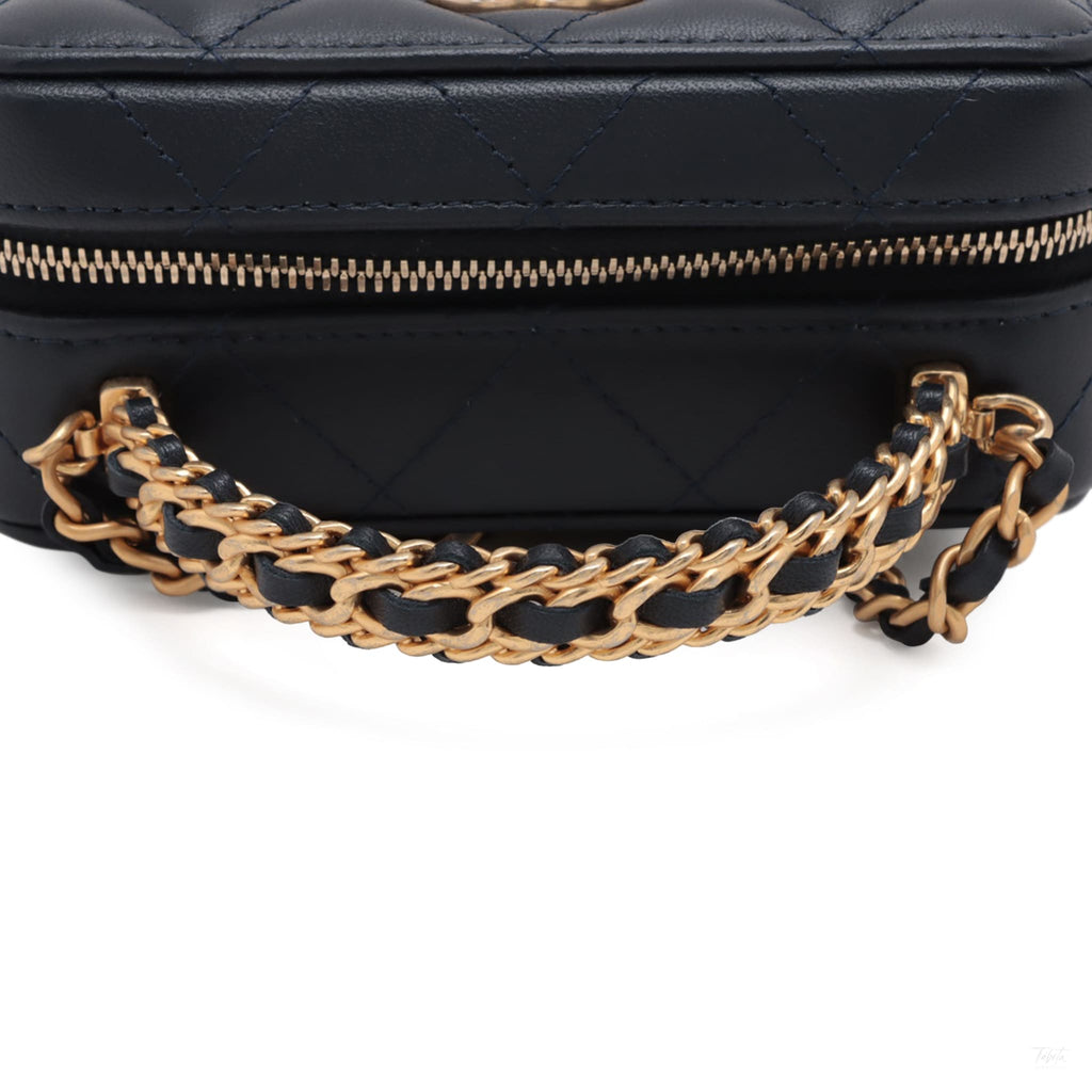 Second hand Chanel CC Mini Lambskin Leather Quilted Chain Top Handle Vanity Case Handbag Blue - Tabita Bags