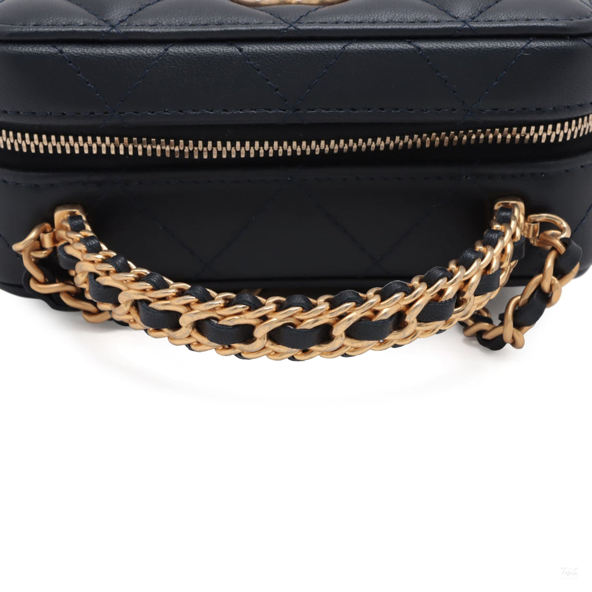 Second hand Chanel CC Mini Lambskin Leather Quilted Chain Top Handle Vanity Case Handbag Blue - Tabita Bags