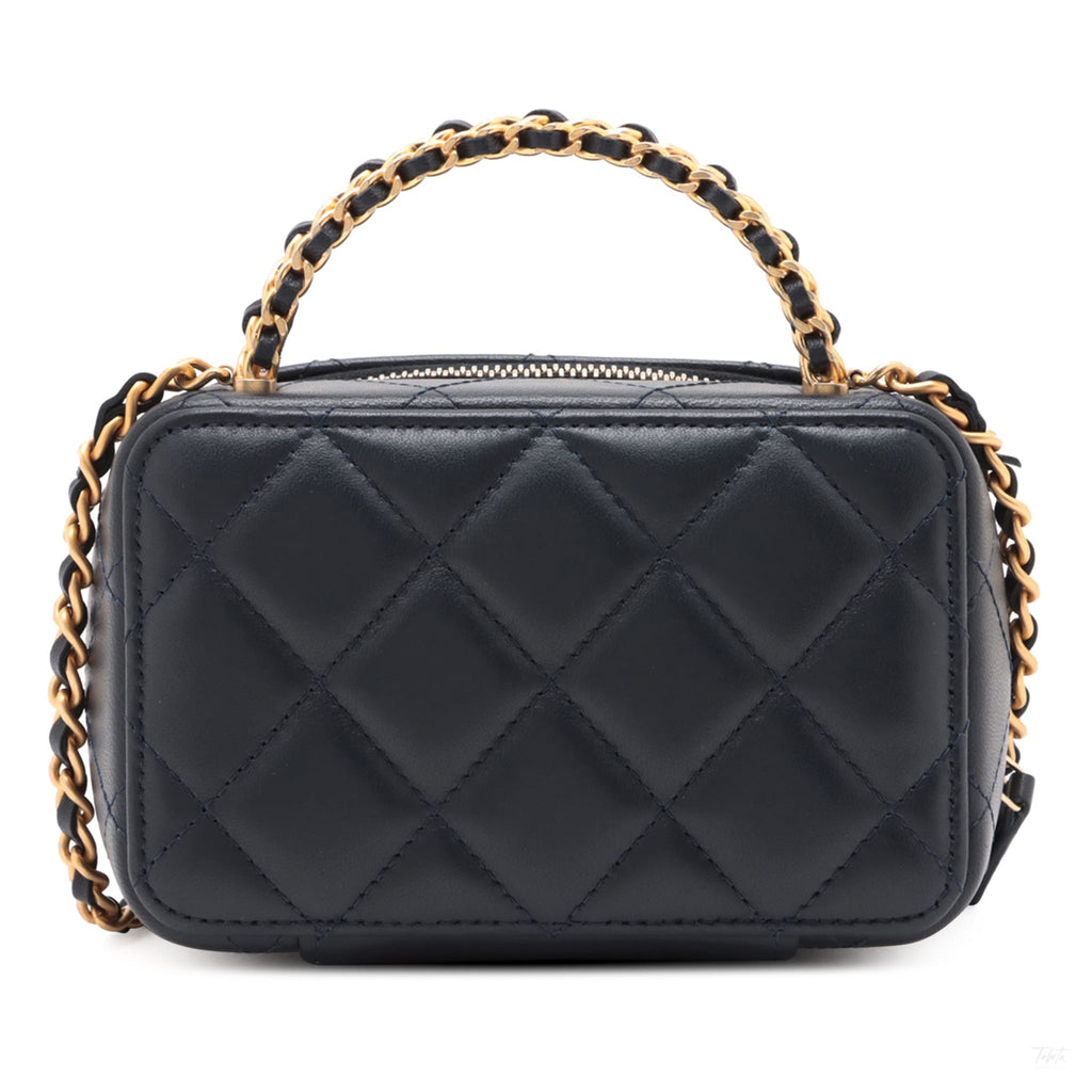 Second hand Chanel CC Mini Lambskin Leather Quilted Chain Top Handle Vanity Case Handbag Blue - Tabita Bags