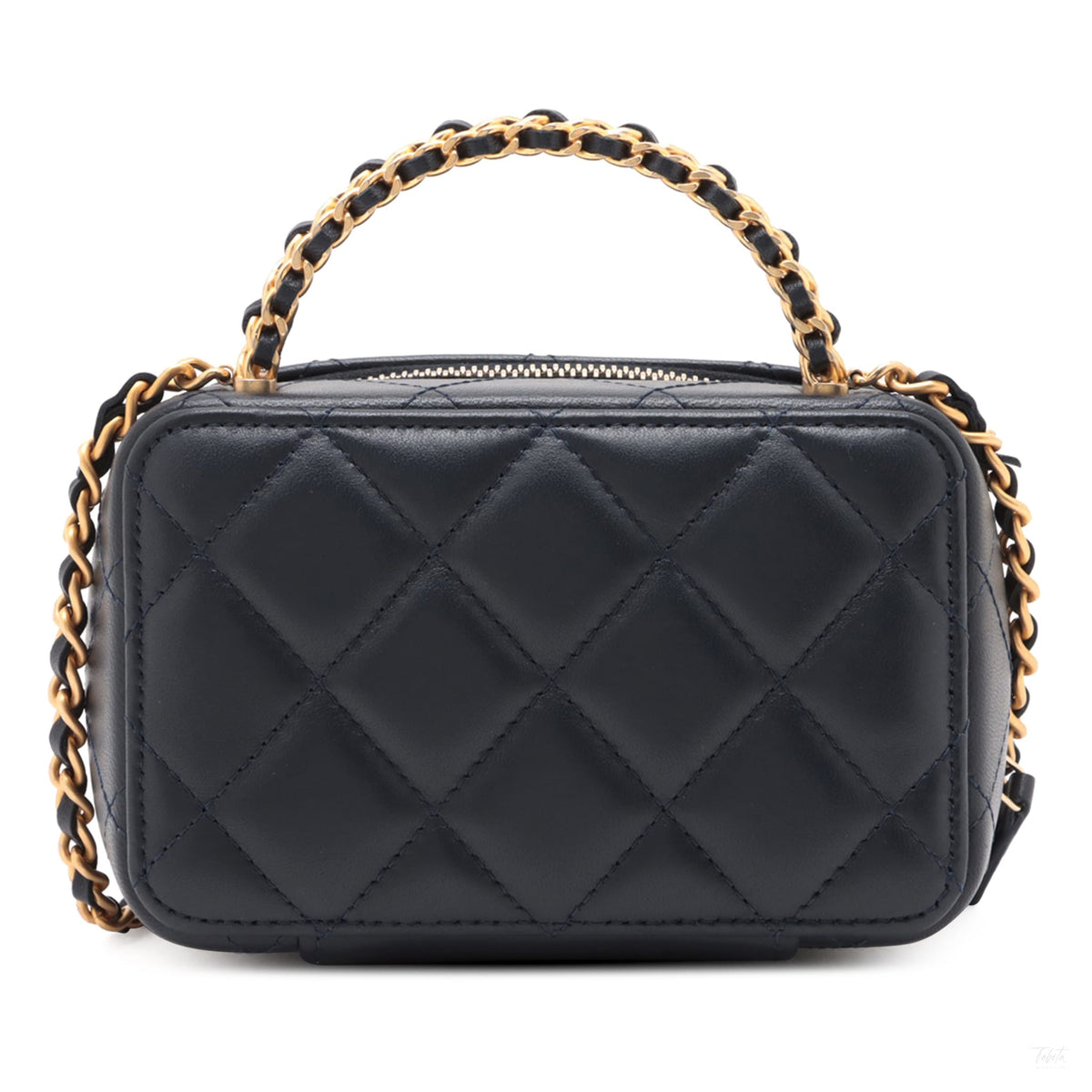 Second hand Chanel CC Mini Lambskin Leather Quilted Chain Top Handle Vanity Case Handbag Blue - Tabita Bags