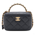 Second hand Chanel CC Mini Lambskin Leather Quilted Chain Top Handle Vanity Case Handbag Blue - Tabita Bags
